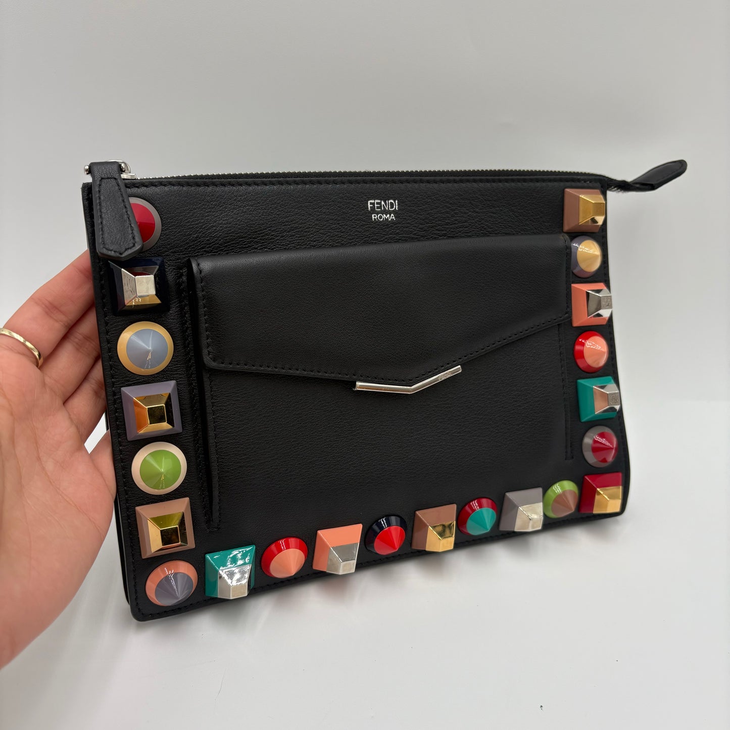 NIB Fendi Kan Envelope Leather Studded Crossbody
