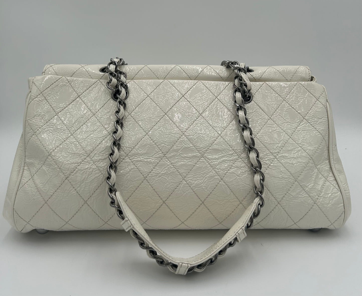 Large Chanel Patent Flap Bag-Wht Distress