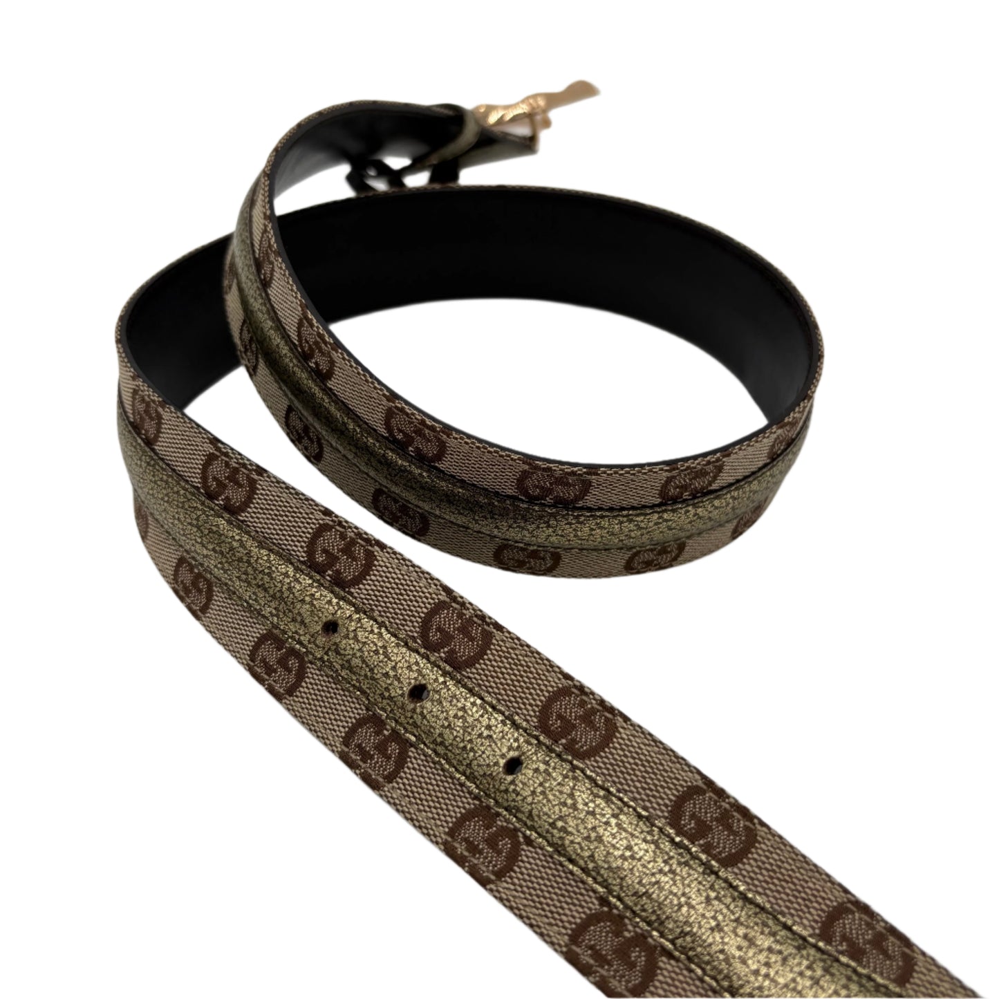 Gucci Monogram Leather Bamboo Gold Buckle Belt