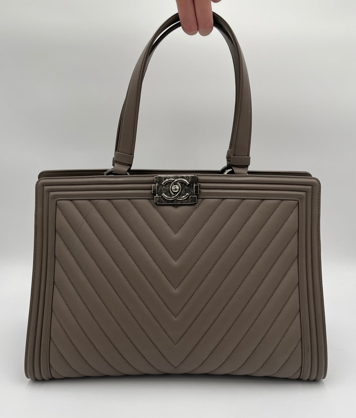 Chanel Chevron Boy Bag Tote-Taupe