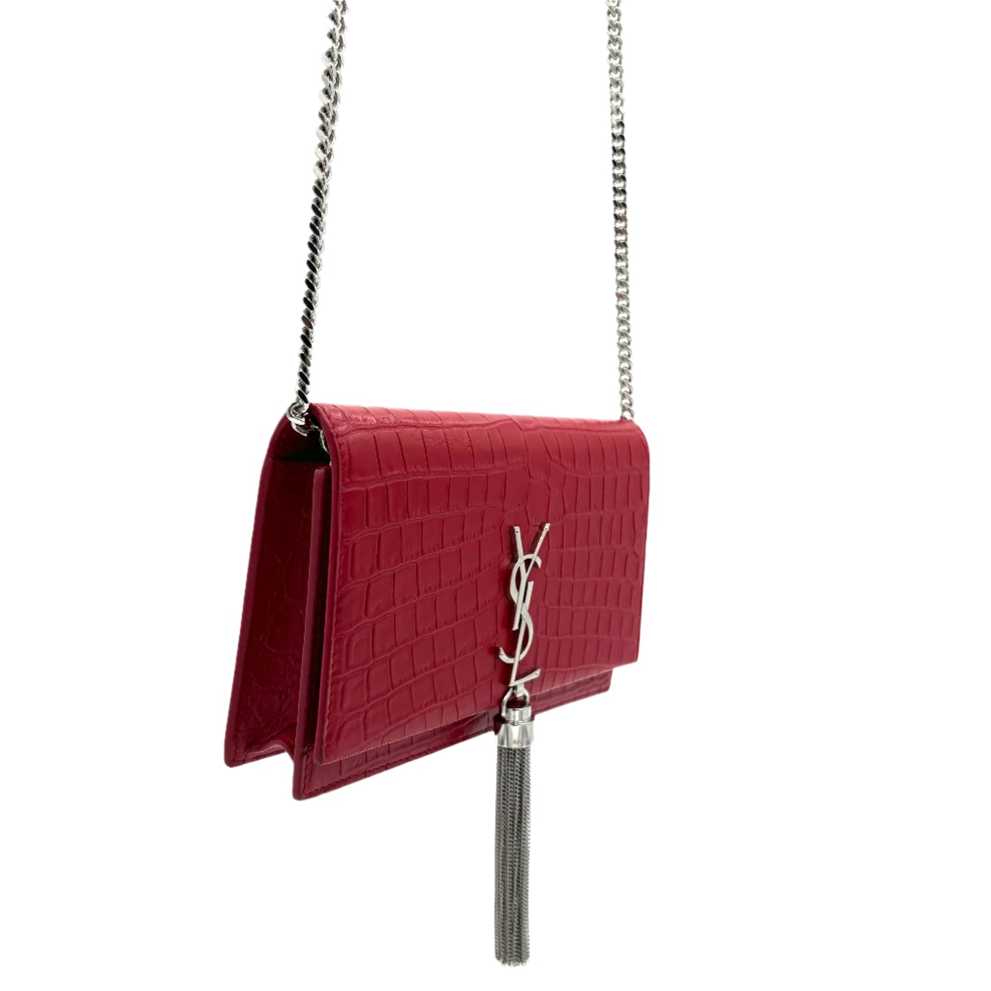 Saint Laurent Kate Tassel Wallet on Chain Crocodile Red