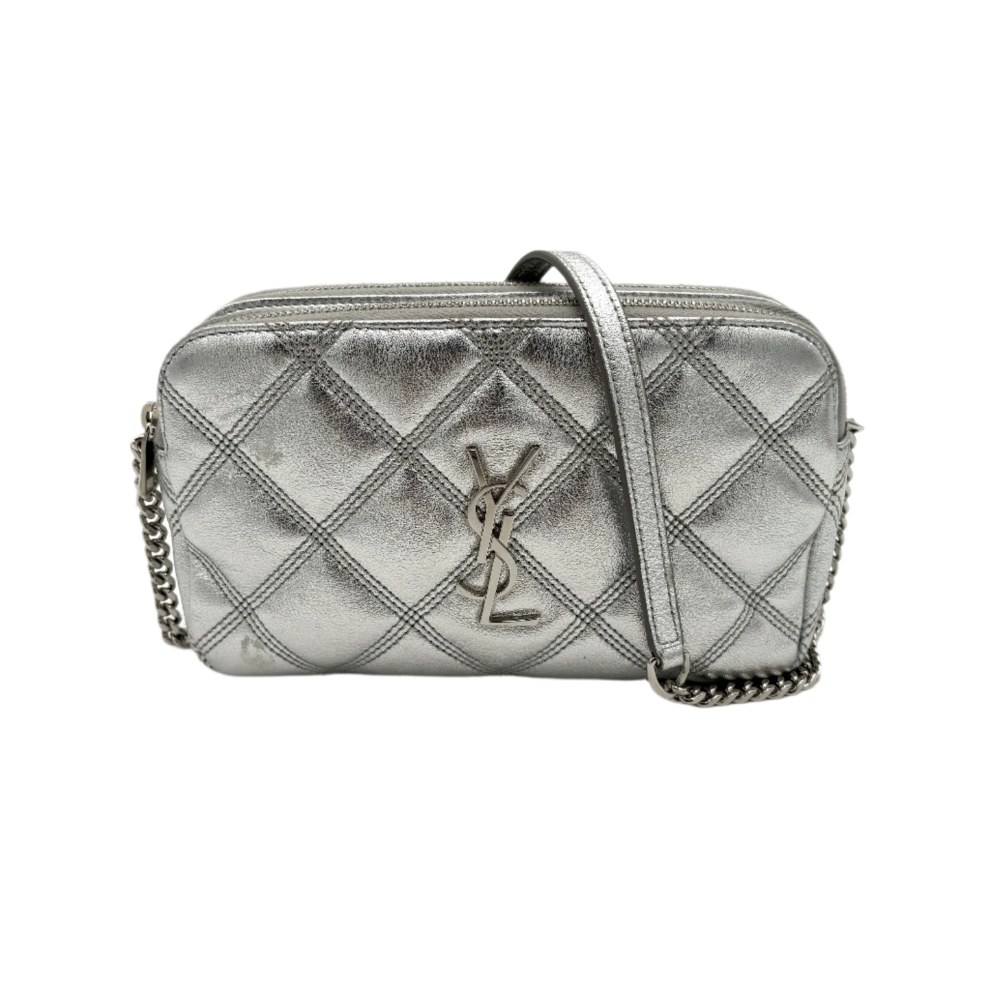 YSL Metallic Quilted Double Zip Pouchette Crossbody Bag