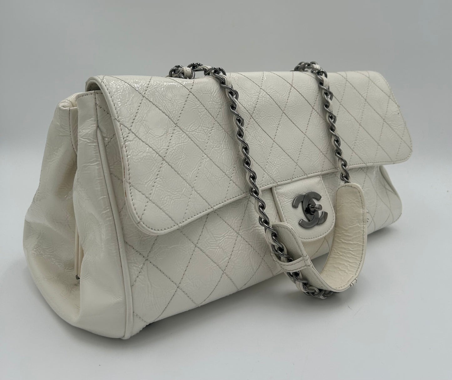 Large Chanel Patent Flap Bag-Wht Distress