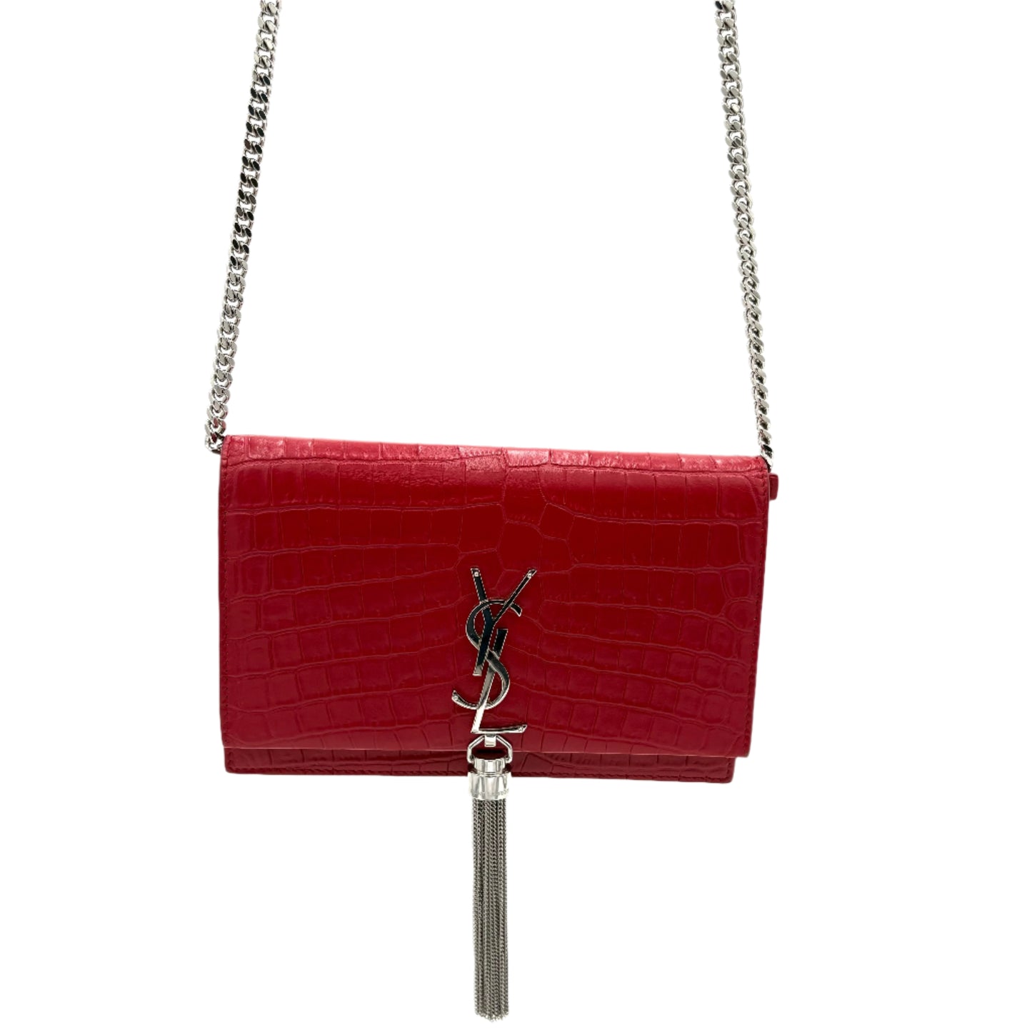 Saint Laurent Kate Tassel Wallet on Chain Crocodile Red