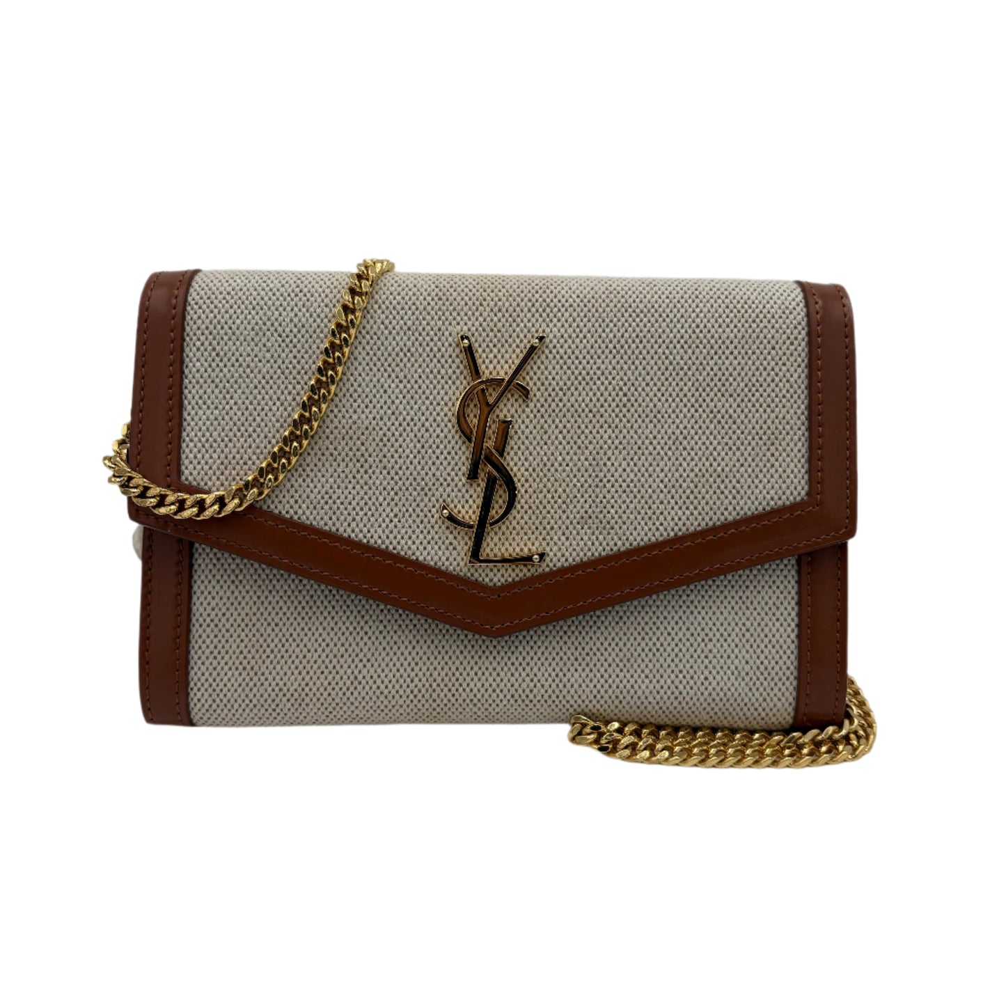 Saint Laurent Uptown Chain Wallet In Micro Raffia Crossbody