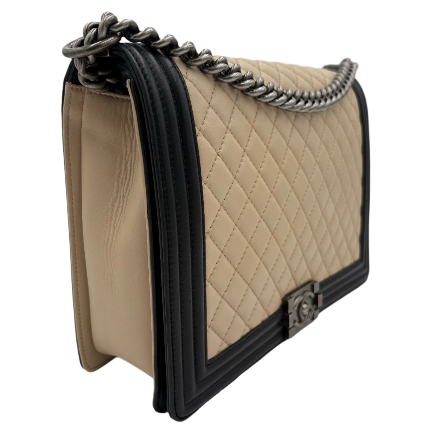2012 Chanel Large Tan & Black Lambskin Boy Bag