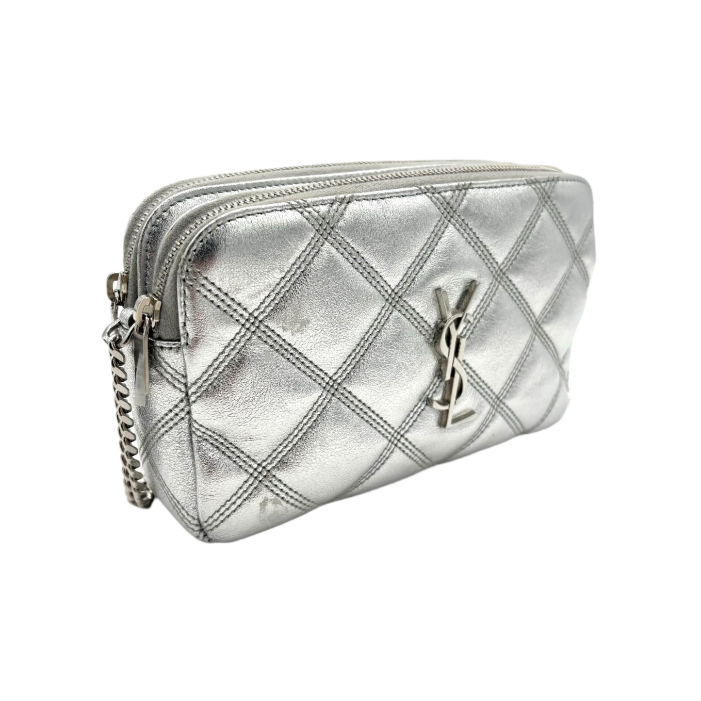 YSL Metallic Quilted Double Zip Pouchette Crossbody Bag