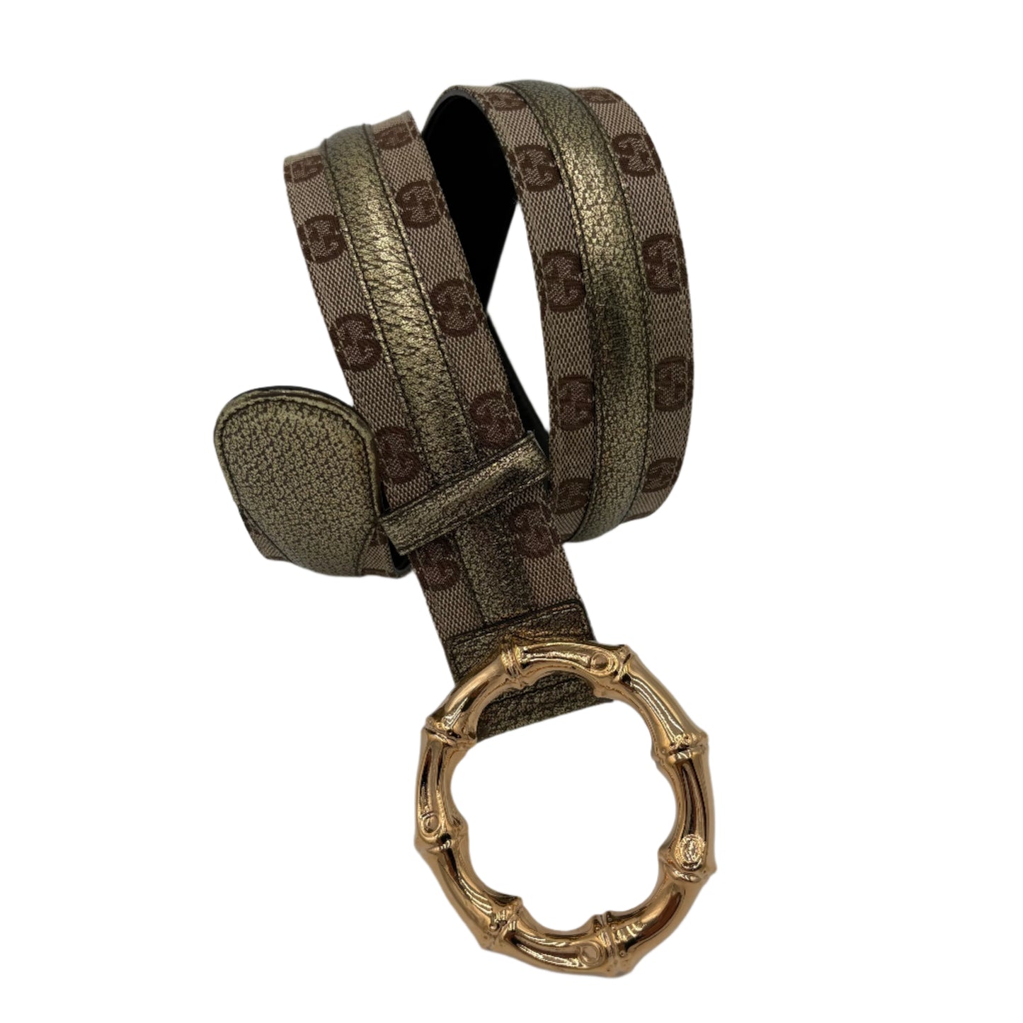 Gucci Monogram Leather Bamboo Gold Buckle Belt