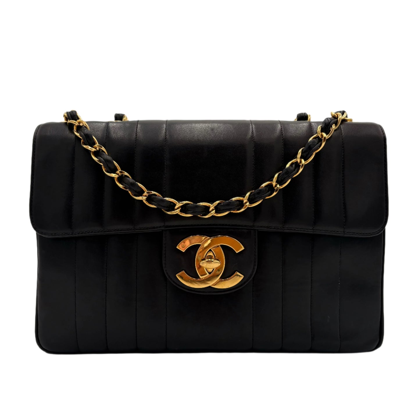 94-96 Chanel Vertical Flap Bag-Black Lambskin : Jumbo