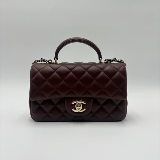 Chanel Top Handle Mini Flap Bag Brown Lambskin