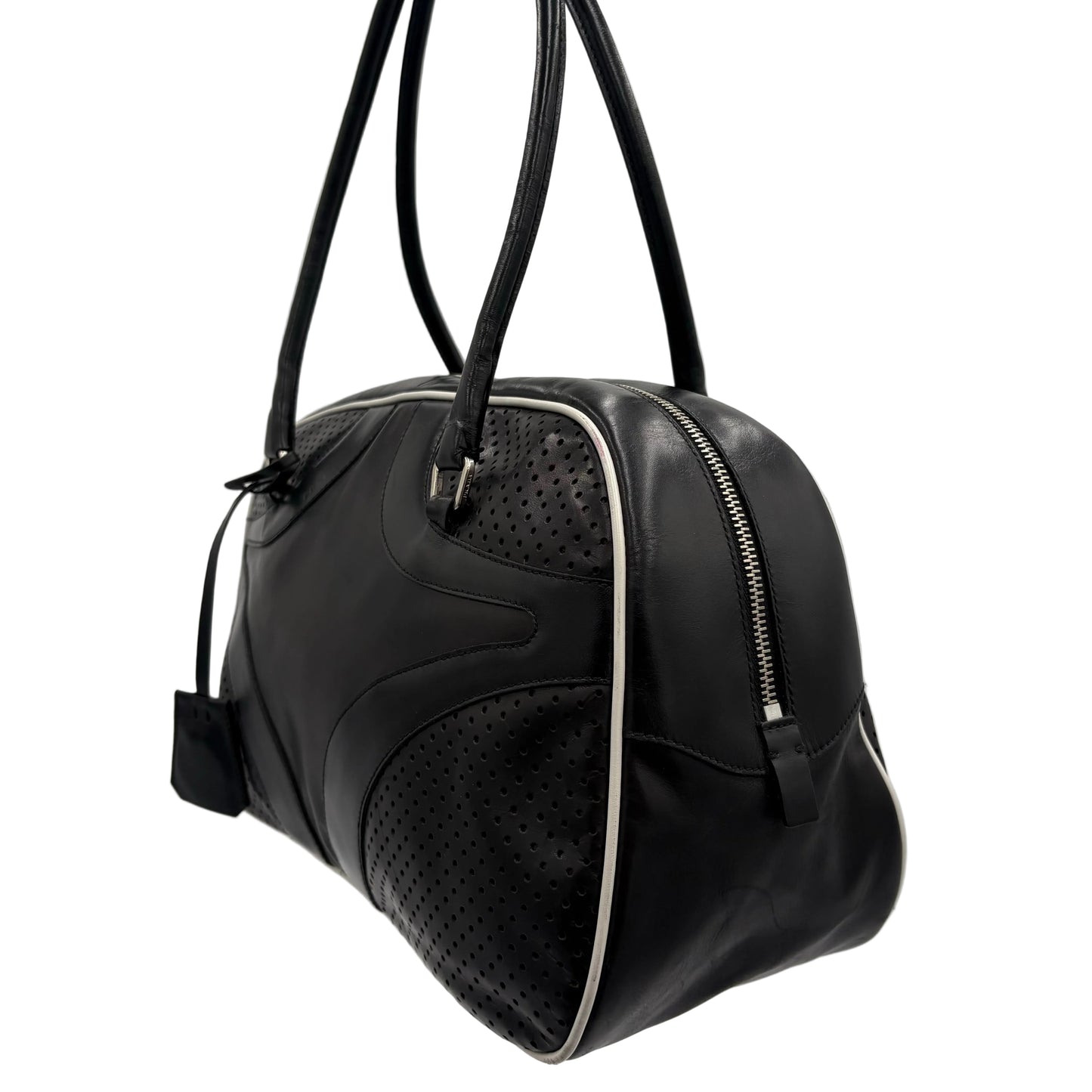 Prada Black Vitello Drive Leather Perforated Bowler Bag
