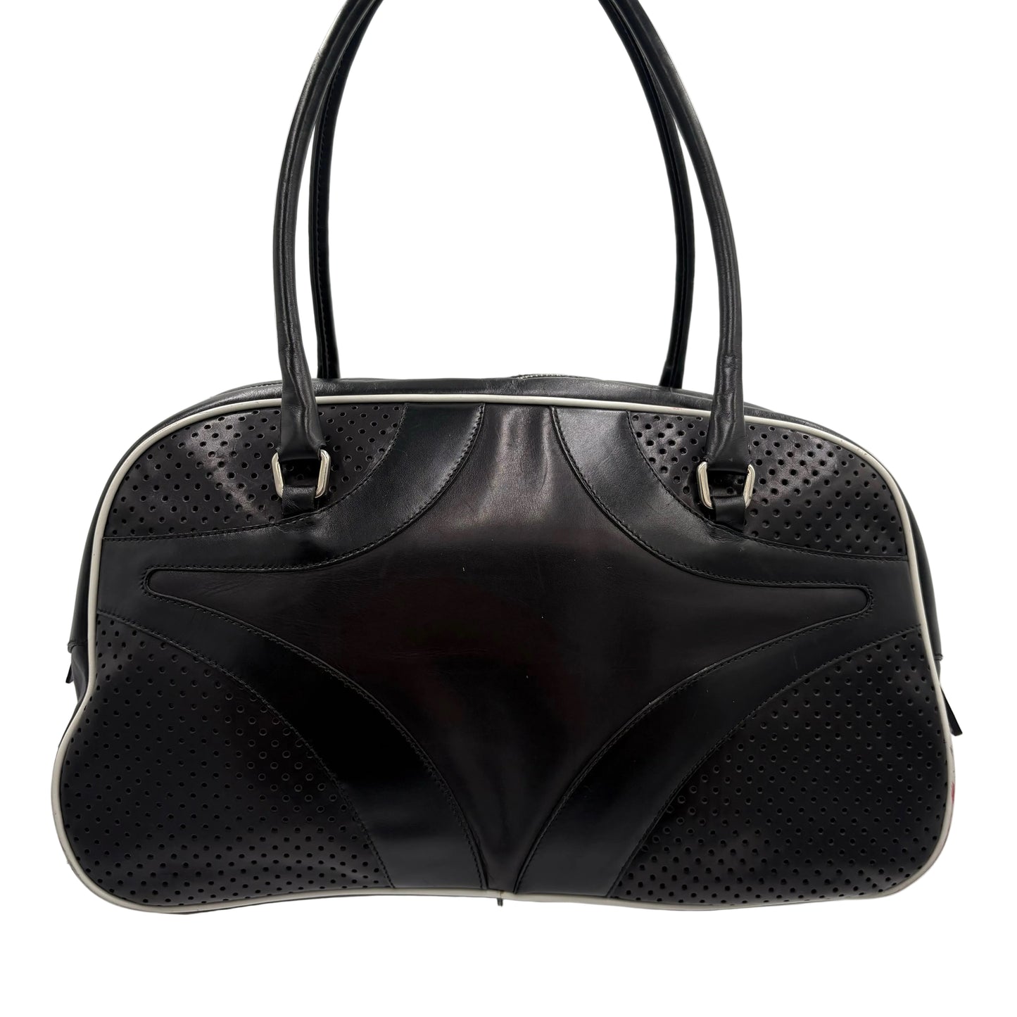Prada Black Vitello Drive Leather Perforated Bowler Bag