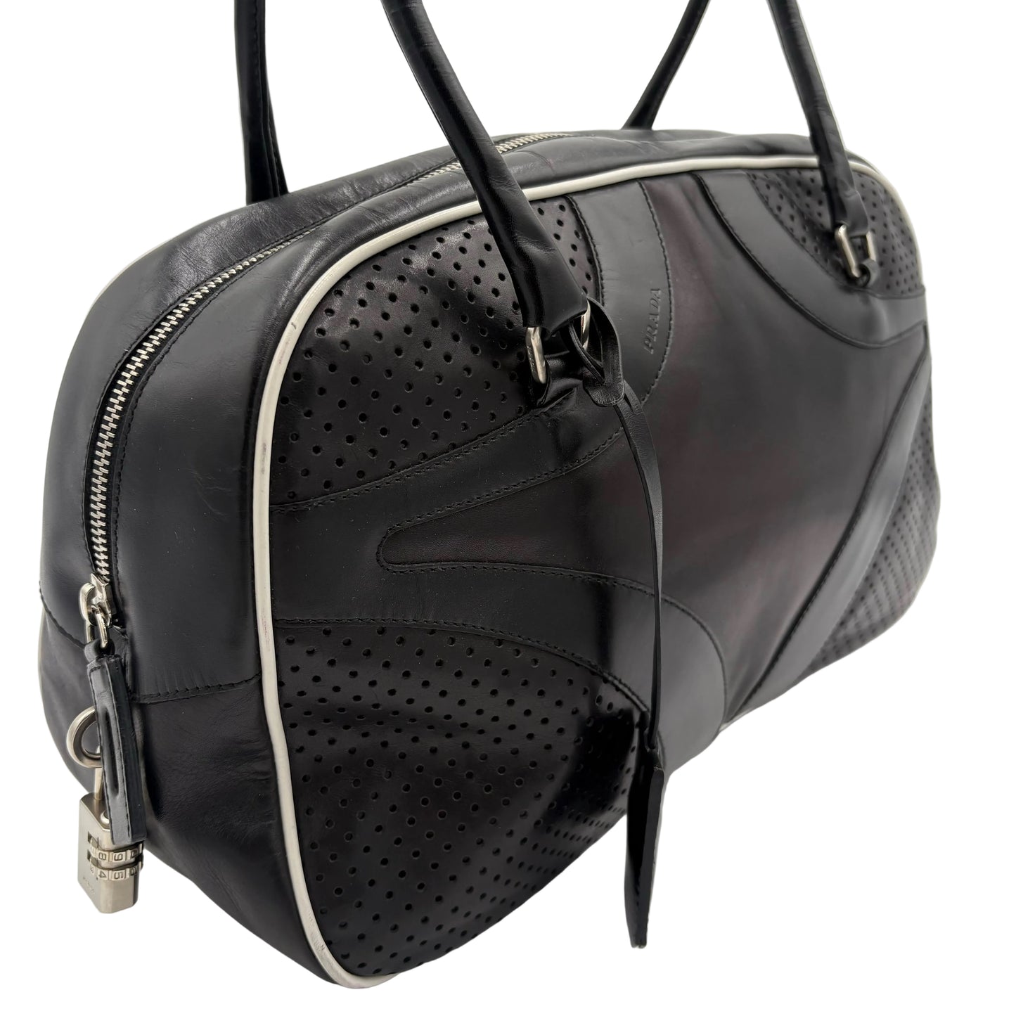 Prada Black Vitello Drive Leather Perforated Bowler Bag