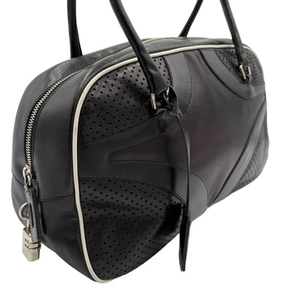 Prada Black Vitello Drive Leather Perforated Bowler Bag