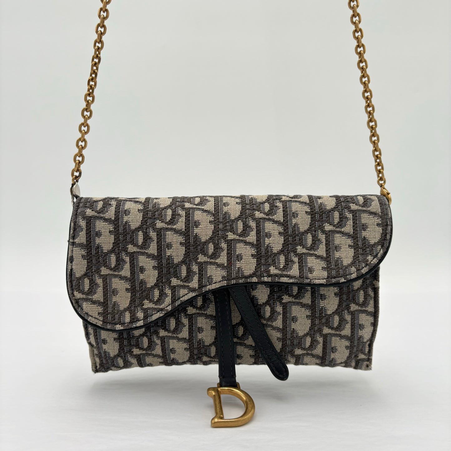 Christian Dior Saddle Pouch with Chain Blue Oblique Jacquard