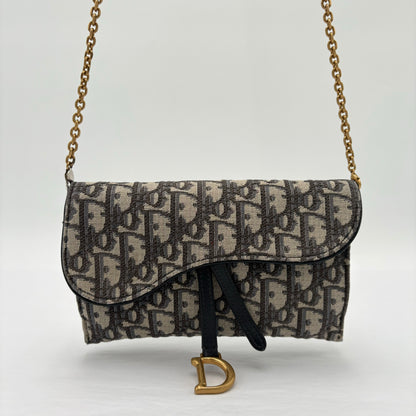 Christian Dior Saddle Pouch with Chain Blue Oblique Jacquard