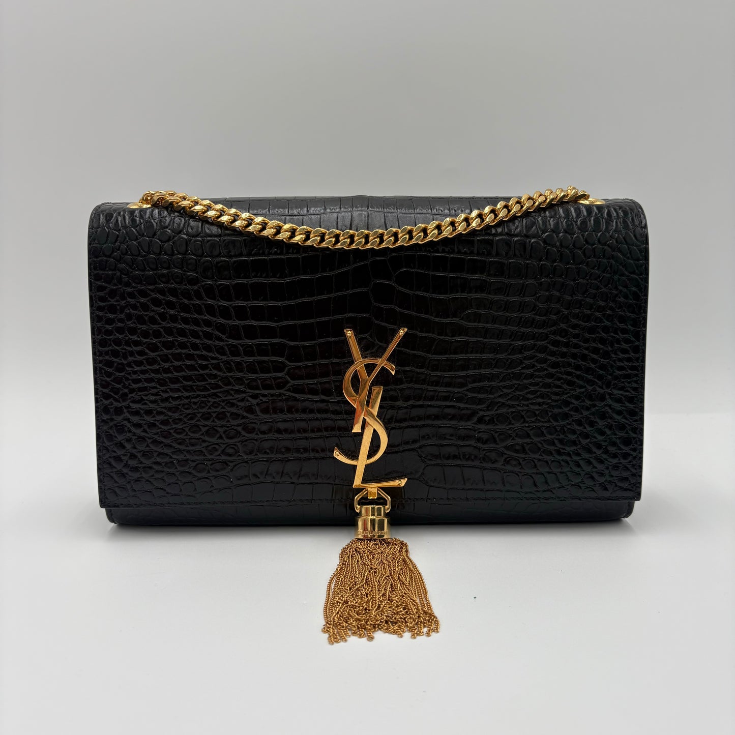 Saint Laurent YSL Kate Croc Embossed Tassel-Black : Medium