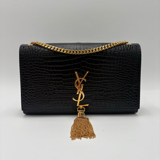 Saint Laurent YSL Kate Croc Embossed Tassel-Black : Medium