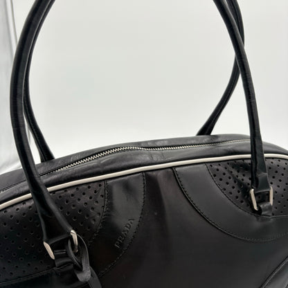 Prada Black Vitello Drive Leather Perforated Bowler Bag