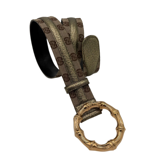 Gucci Monogram Leather Bamboo Gold Buckle Belt