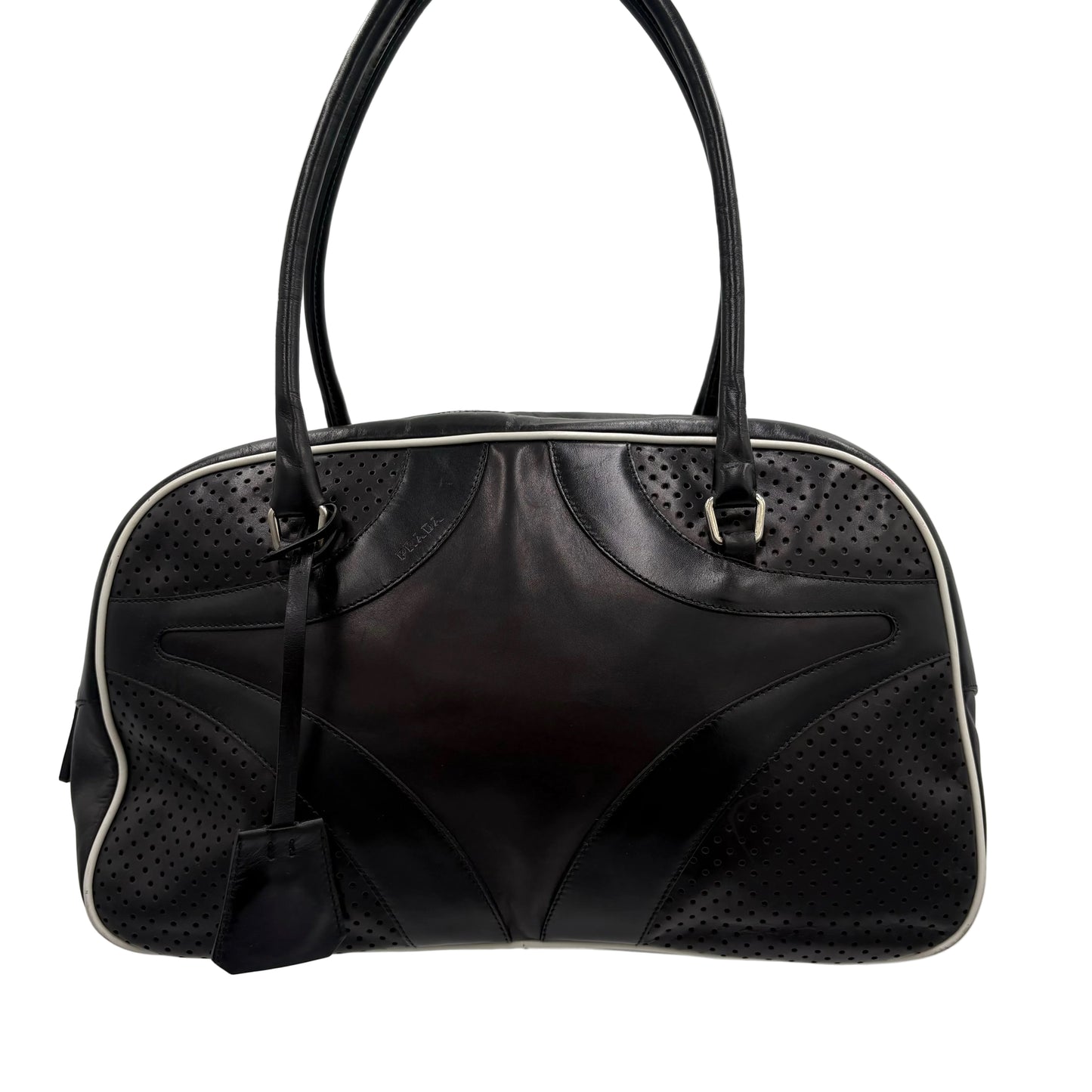 Prada Black Vitello Drive Leather Perforated Bowler Bag