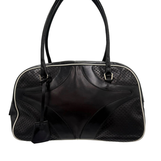 Prada Black Vitello Drive Leather Perforated Bowler Bag