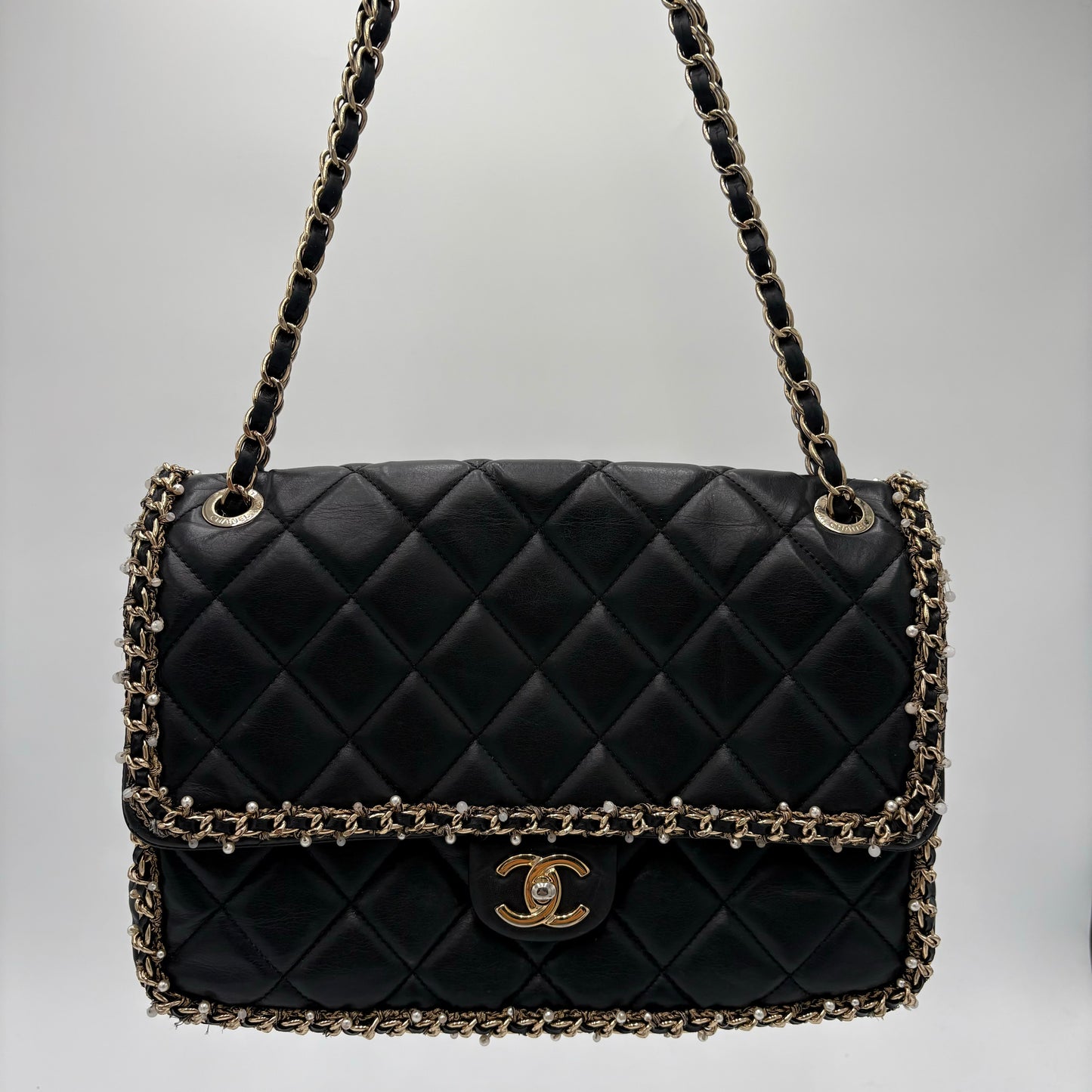 Chipped Chanel Pearl Chain Around Flap Bag