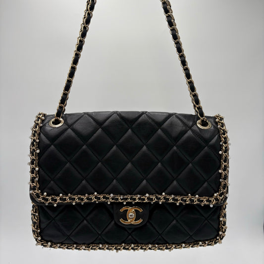 Chipped Chanel Pearl Chain Around Flap Bag