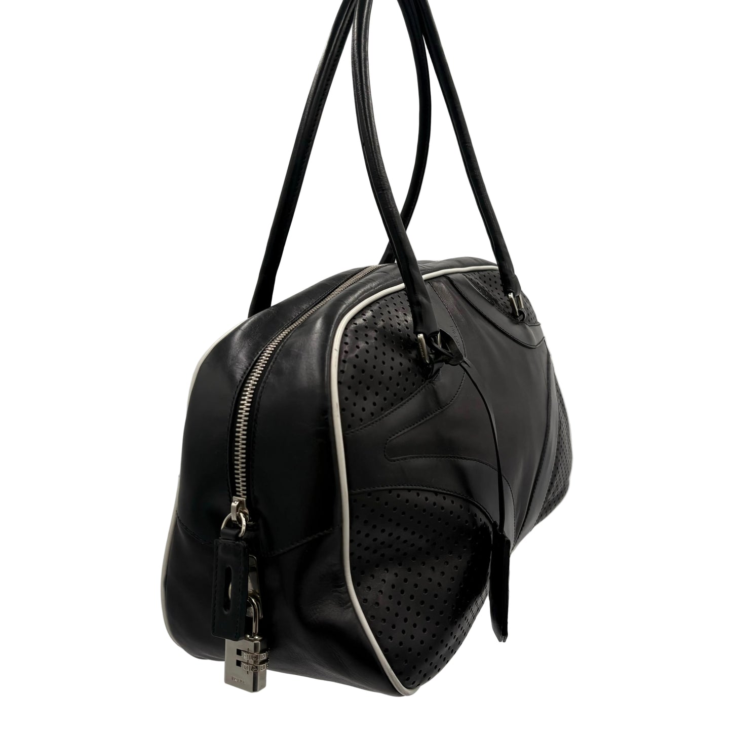 Prada Black Vitello Drive Leather Perforated Bowler Bag