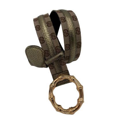 Gucci Monogram Leather Bamboo Gold Buckle Belt