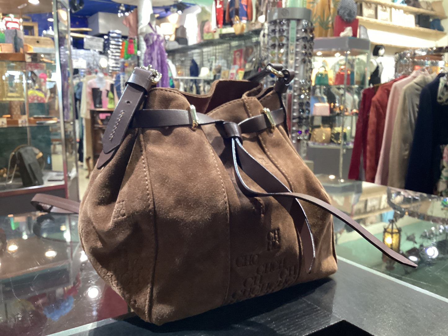 Carolina Herrera Suede Embossed Bucket Bag