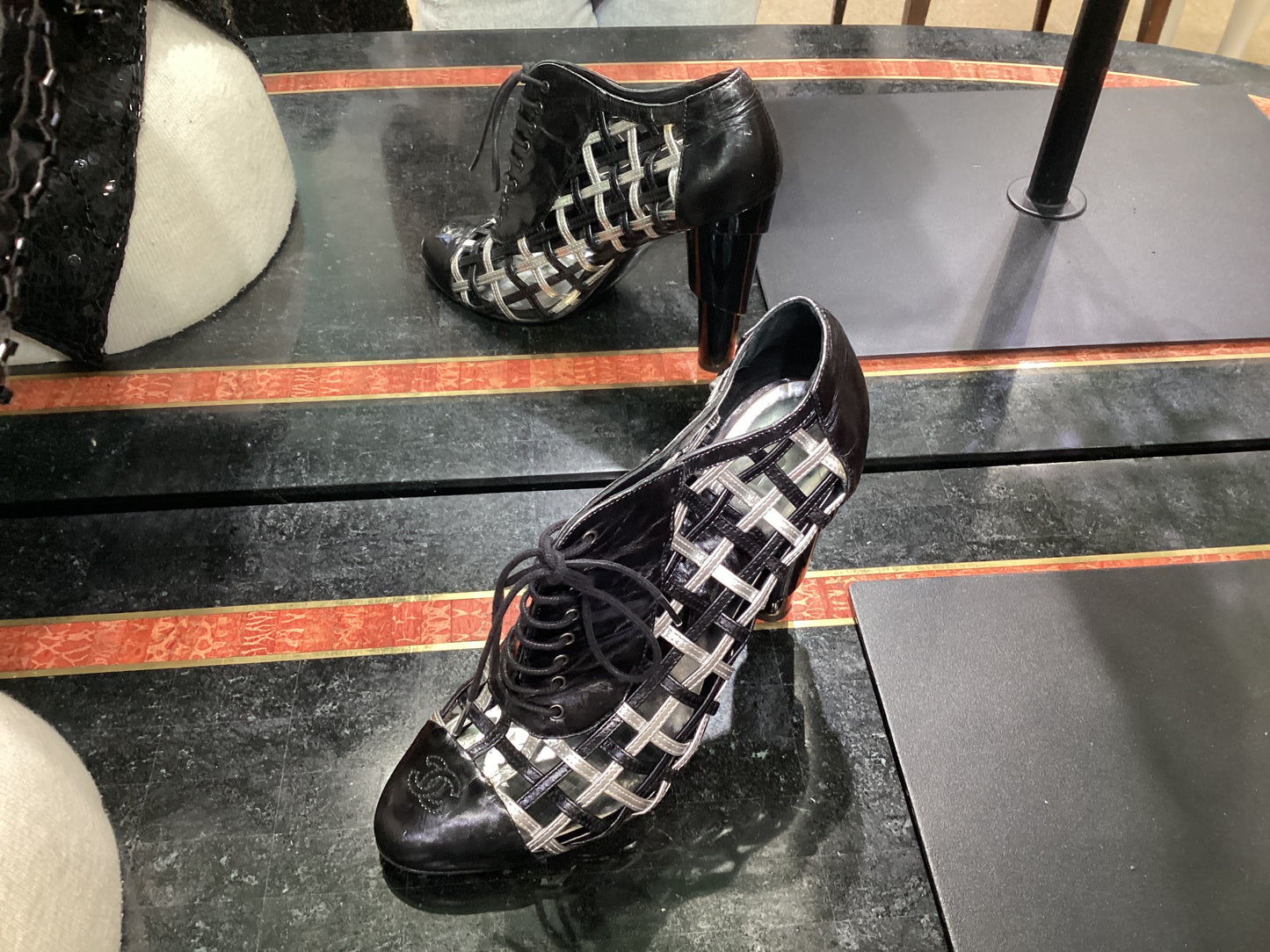 Chanel Leather Cage CC Cap Toe Booties