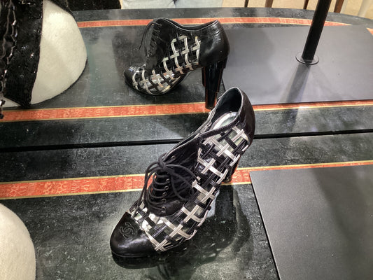 Chanel Leather Cage CC Cap Toe Booties