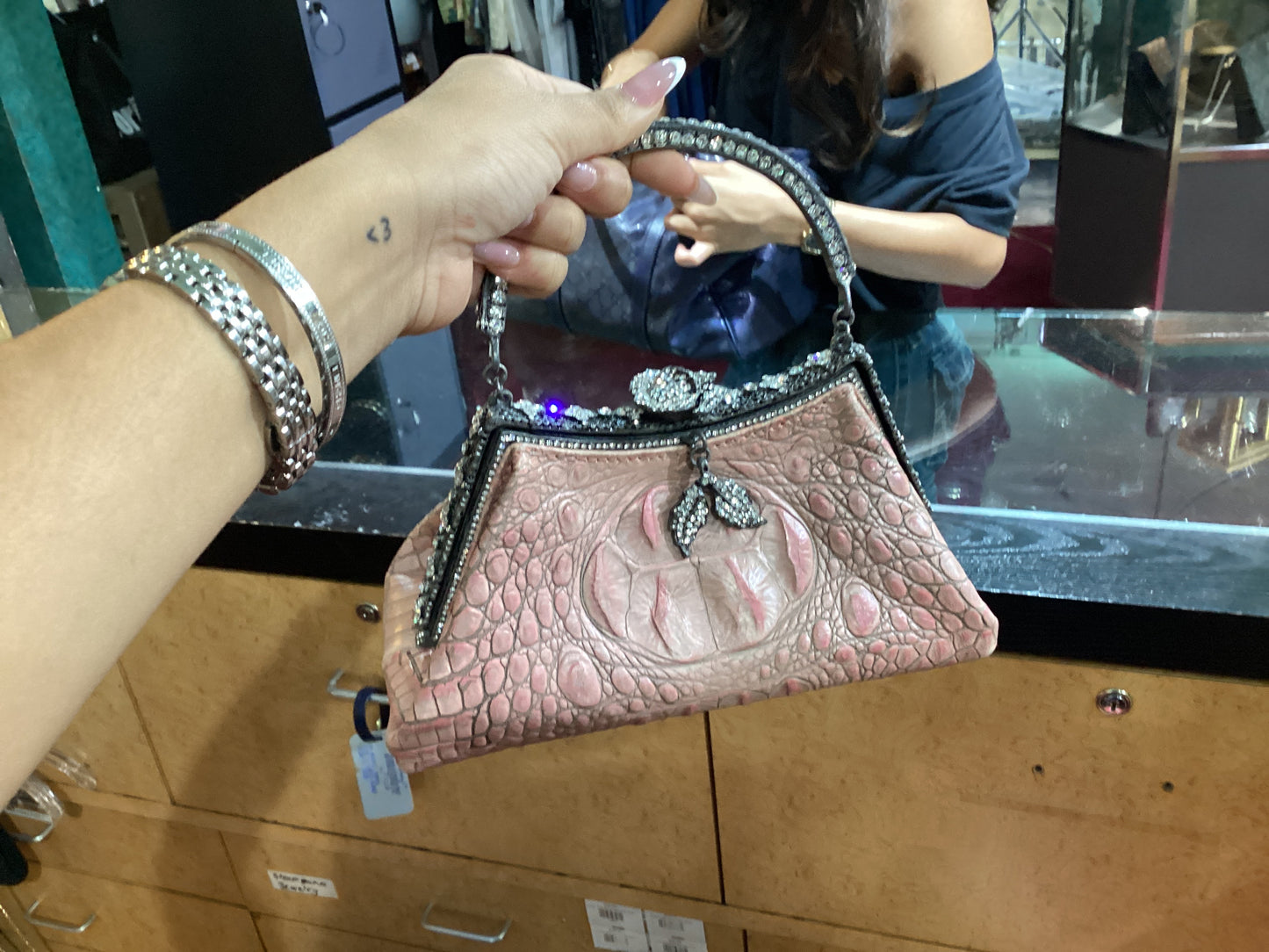 Besso Croc Embossed Rhinestone Evening Top Handle Bag